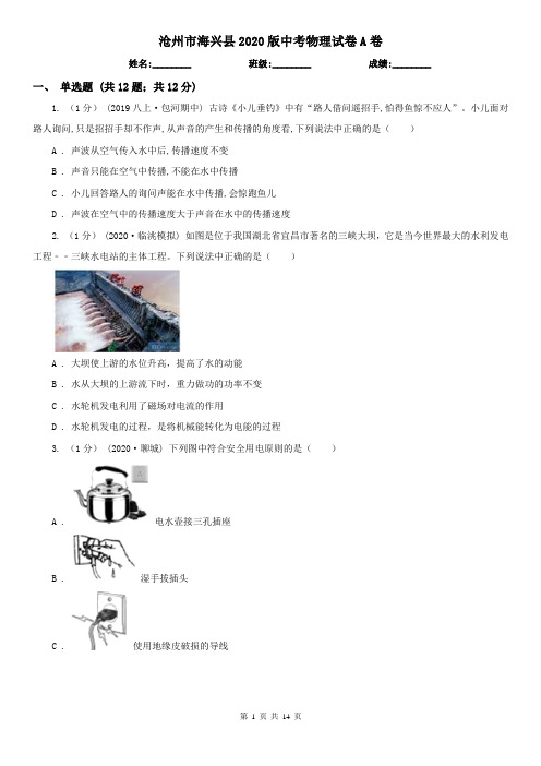 沧州市海兴县2020版中考物理试卷A卷