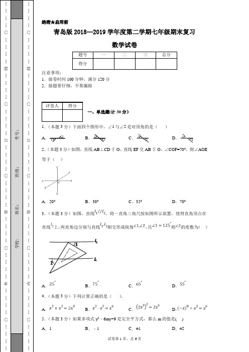 青岛版2018--2019学年度第二学期七年级期末复习数学试卷