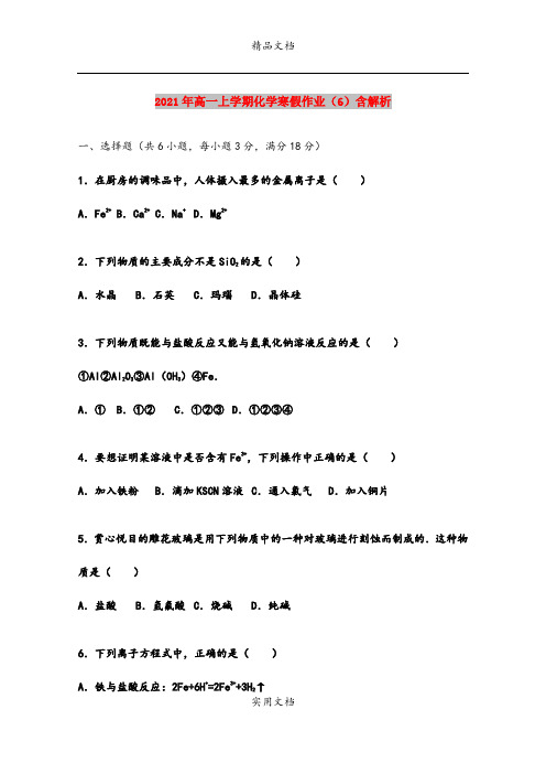 2021年高一上学期化学寒假作业(6)含解析