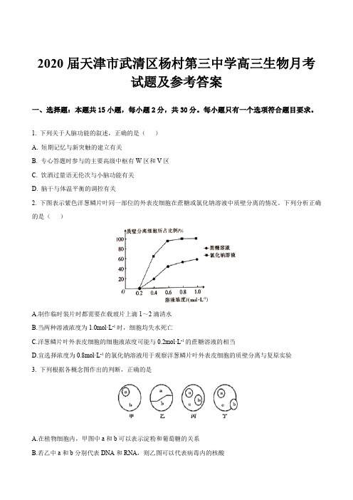 2020届天津市武清区杨村第三中学高三生物月考试题及参考答案