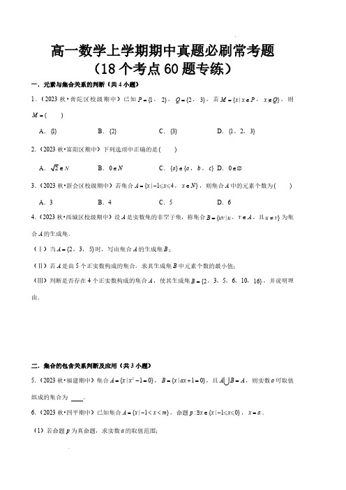 高一数学上学期期中真题必刷常考60题(18个考点专练)原卷版