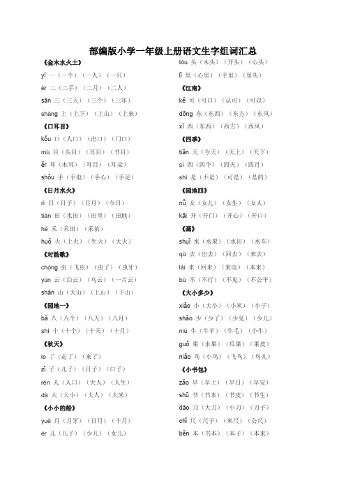 部编小学一年级上册语文生字组词汇总