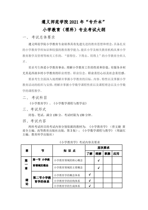 《遵义师范学院2021年“专升本”小学教育(理科)专业考试大纲》