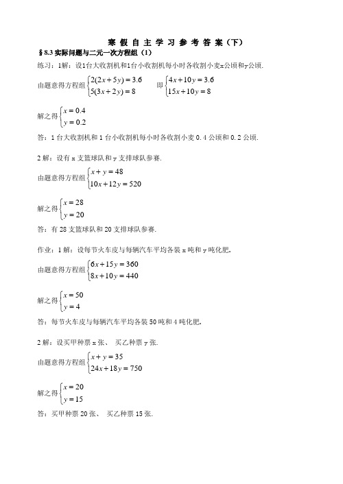 初一数学寒假自主学习答案(下)