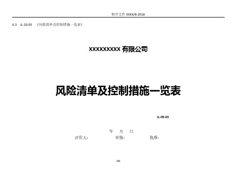 GJB9001C：2017风险清单及控制措施一览表