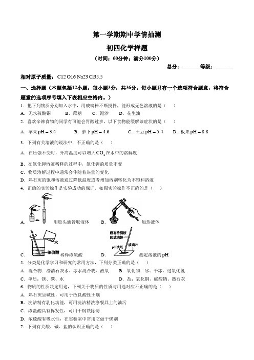 山东省泰安市泰山区(2024年版)九年级上学期期中学情抽测化学试题(含答案)