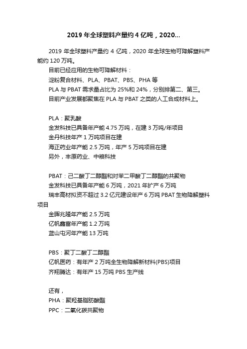 2019年全球塑料产量约4亿吨，2020...