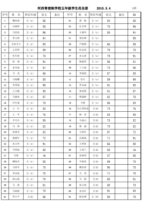 河西寄校五年级学生花名册