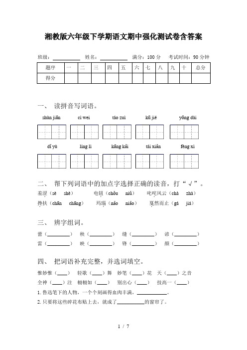 湘教版六年级下学期语文期中强化测试卷含答案