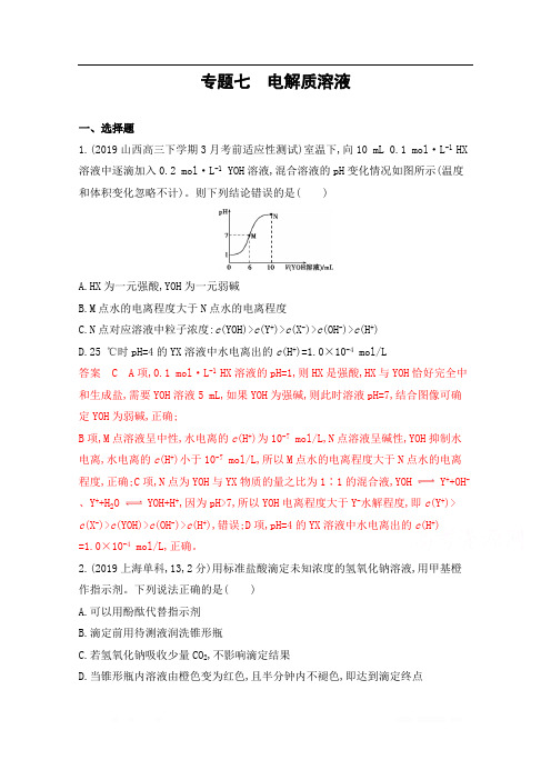 2020届高考化学课标版二轮习题：专题七 电解质溶液 