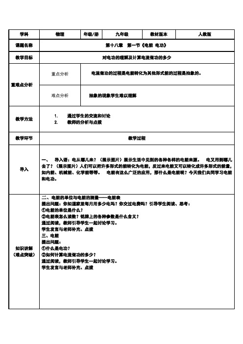 九年级物理全一册教案-18.1 电能 电功1-人教版