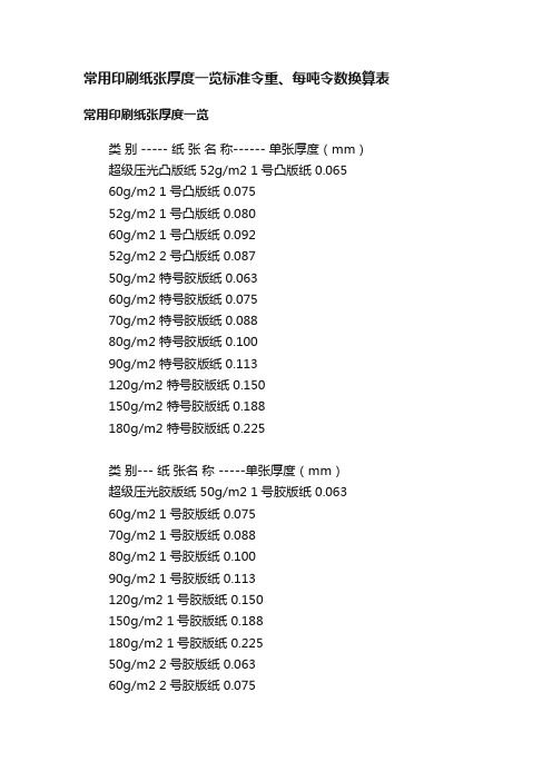 常用印刷纸张厚度一览标准令重、每吨令数换算表