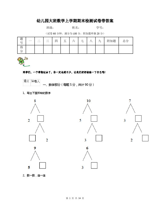 幼儿园大班数学上学期期末检测试卷带答案