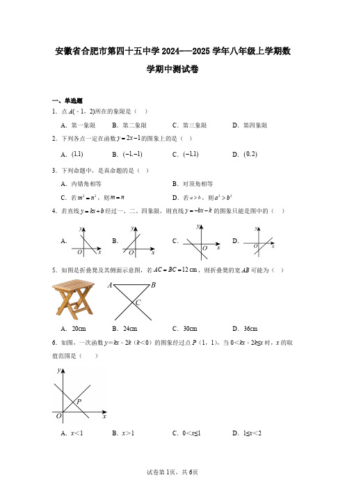 安徽省合肥市第四十五中学2024-—2025学年八年级上学期数学期中测试卷