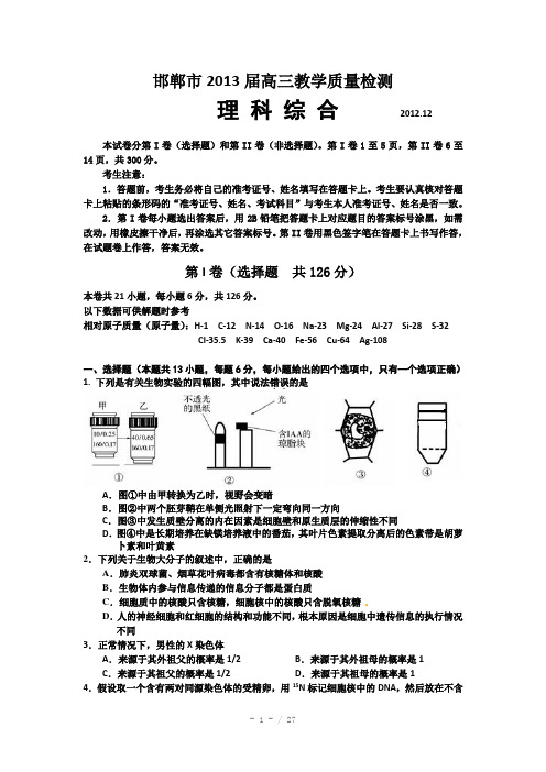 河北省邯郸市2013届高三教学质量检测理综Word版含答案