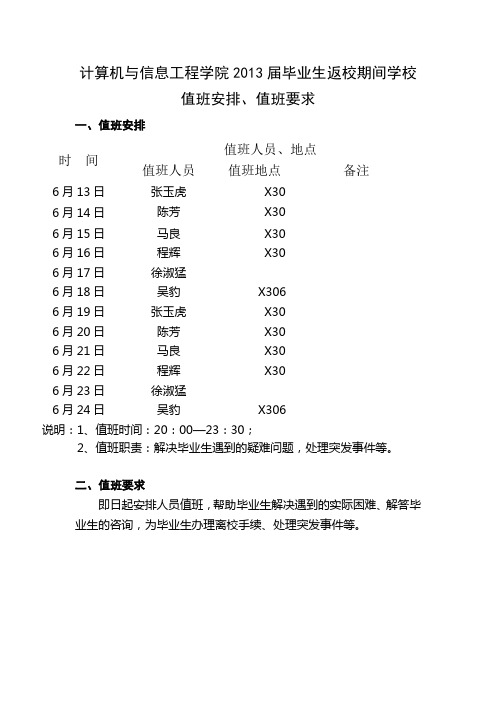 计算机与信息工程学院2013届毕业生返校期间学校值班安排、