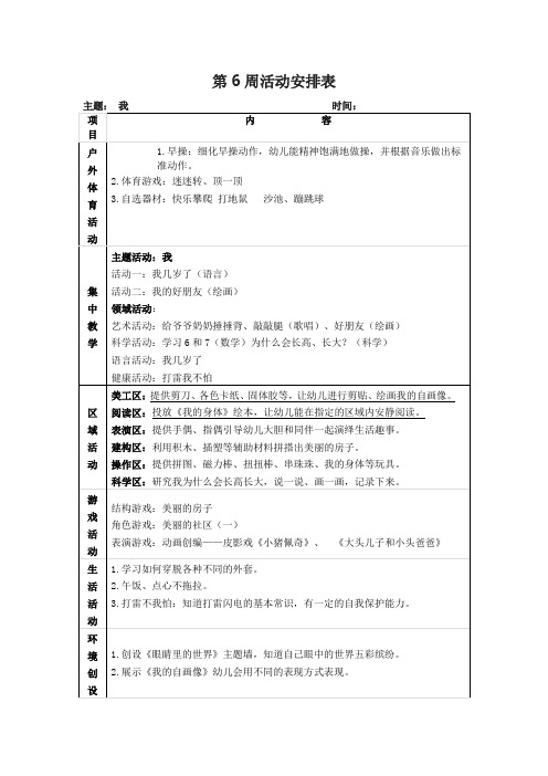 【幼儿园中班上学期】第6周活动安排表