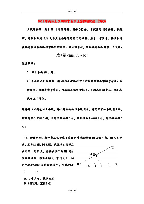 2021年高三上学期期末考试理综物理试题 含答案