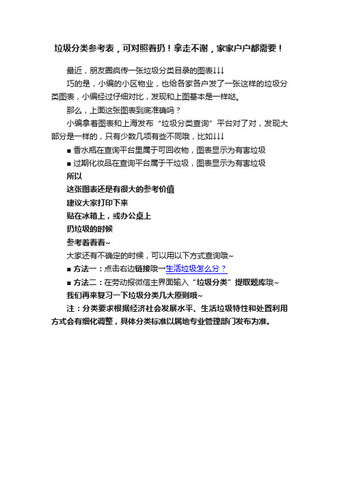 垃圾分类参考表，可对照着扔！拿走不谢，家家户户都需要！