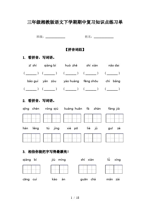 三年级湘教版语文下学期期中复习知识点练习单