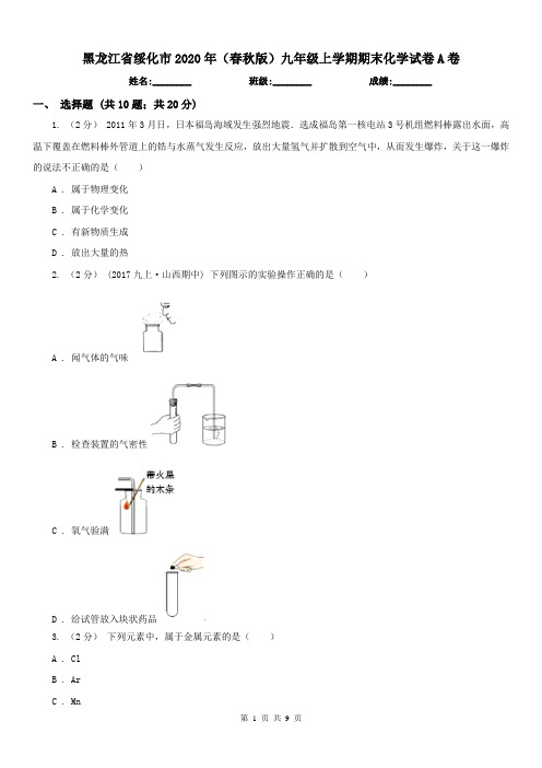 黑龙江省绥化市2020年(春秋版)九年级上学期期末化学试卷A卷