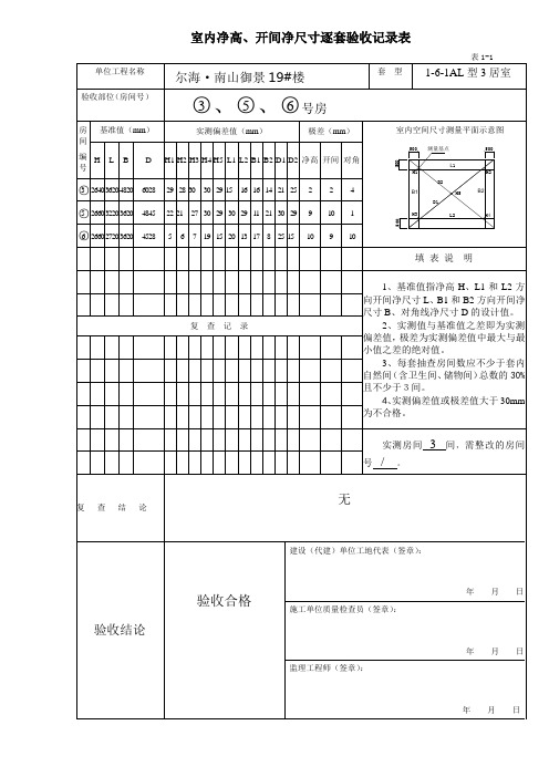 室内净高、开间净尺寸逐套验收记录表