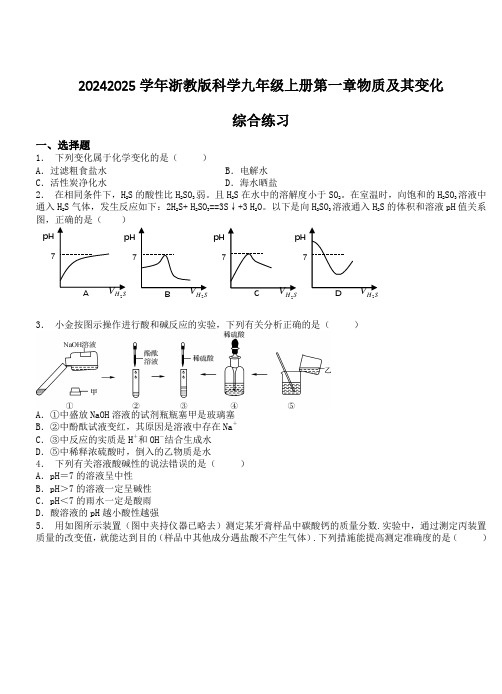 浙教版科学九年级上册第一章物质及其变化综合练习