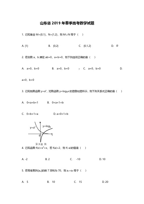 2019年山东春季高考数学真题及答案