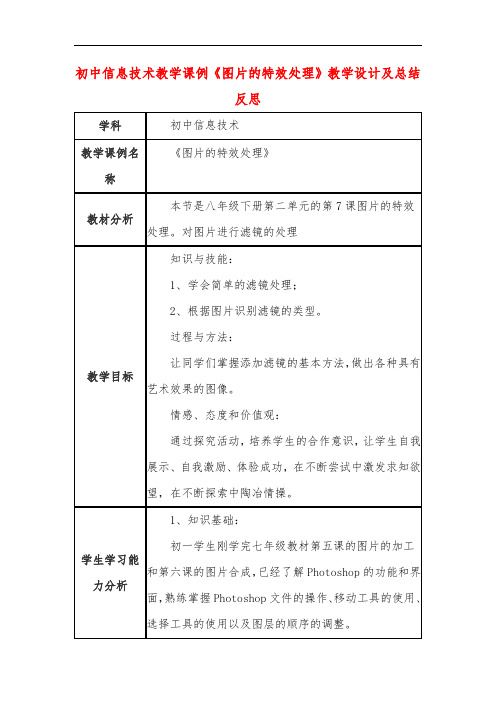 初中信息技术教学课例《图片的特效处理》教学设计及总结反思