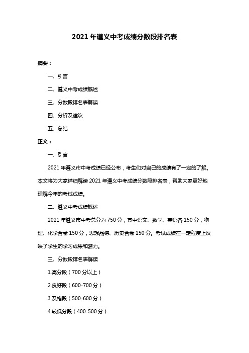 2021年遵义中考成绩分数段排名表