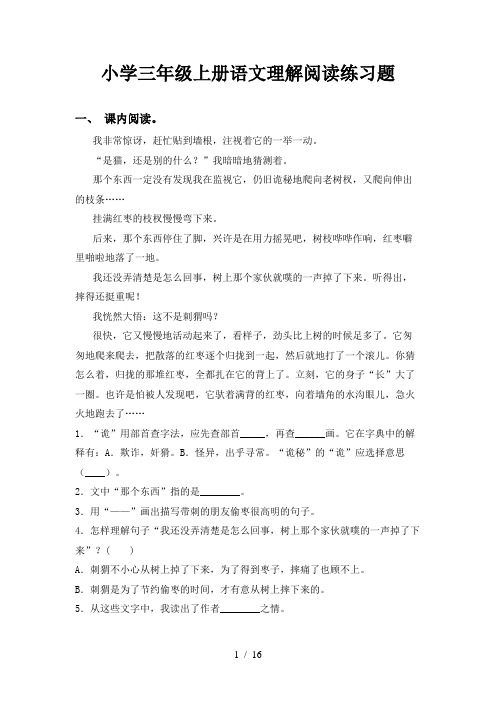 小学三年级上册语文理解阅读练习题