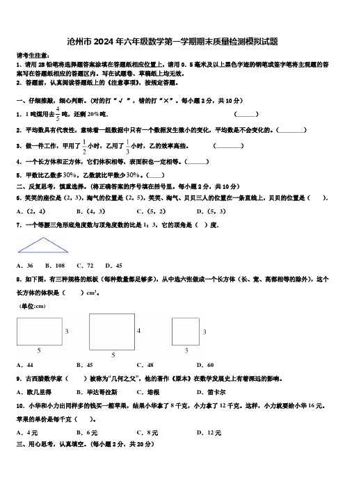 沧州市2024年六年级数学第一学期期末质量检测模拟试题含解析