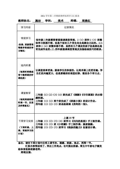 施洁新教师每周学习汇报表第十一周