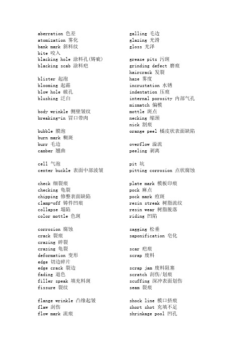 模具成型不良用语中英文对照