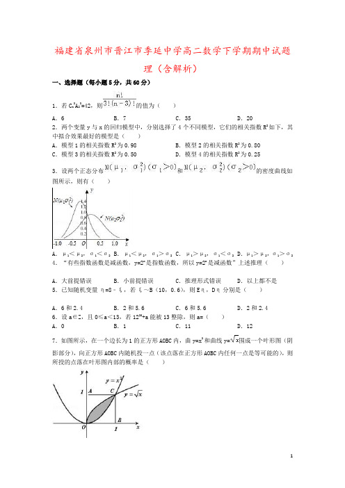 福建省泉州市晋江市季延中学高二数学下学期期中试题理(含解析)