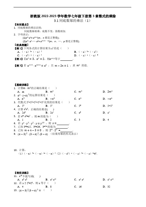 浙教版2022-2023学年数学七年级下册第3章整式的乘除3