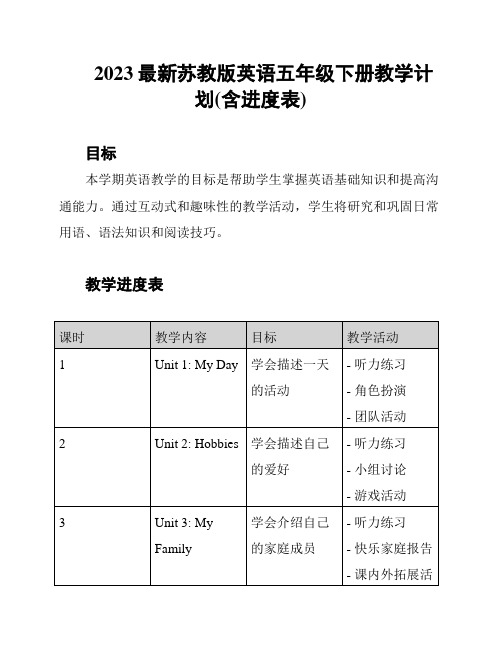 2023最新苏教版英语五年级下册教学计划(含进度表)