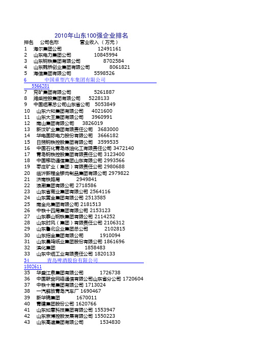 2010年山东100强企业排名