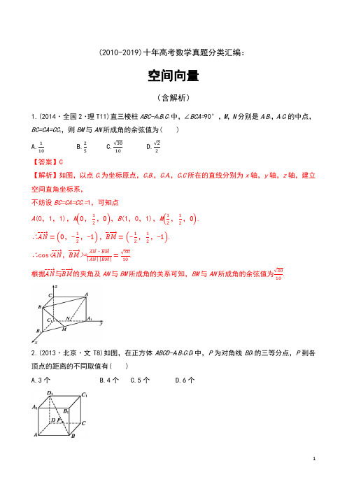 (2010-2019)十年高考数学真题分类汇编：空间向量(含解析)