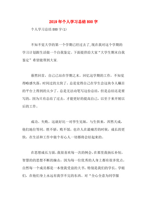 2019年个人学习总结800字