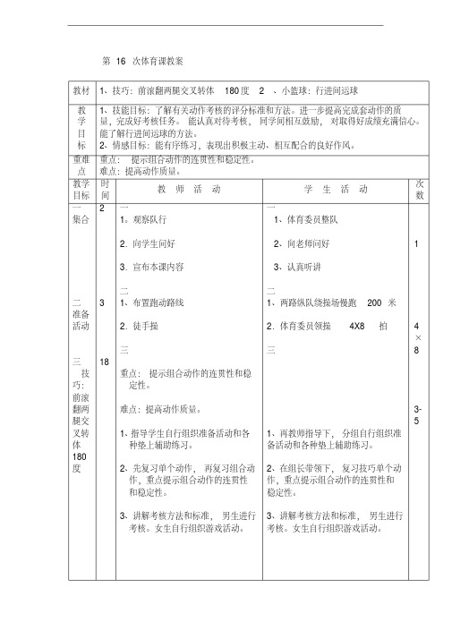 四年级下册体育教案第16次1、技巧：前滚翻两腿交叉转体180度2、小篮球：行进间运球