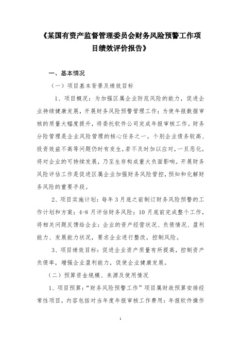 某国有资产监督管理委员会财务风险预警工作项目绩效评价报告