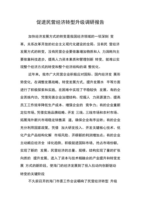 促进民营经济转型升级调研报告