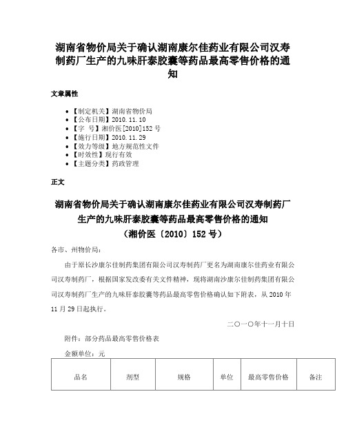 湖南省物价局关于确认湖南康尔佳药业有限公司汉寿制药厂生产的九味肝泰胶囊等药品最高零售价格的通知