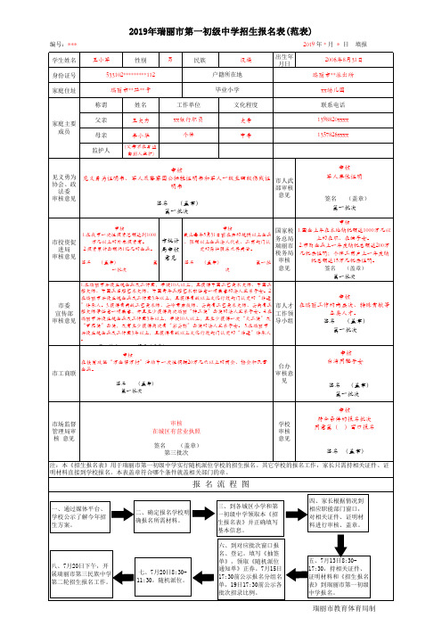 2019年城区初中招生报名表正面