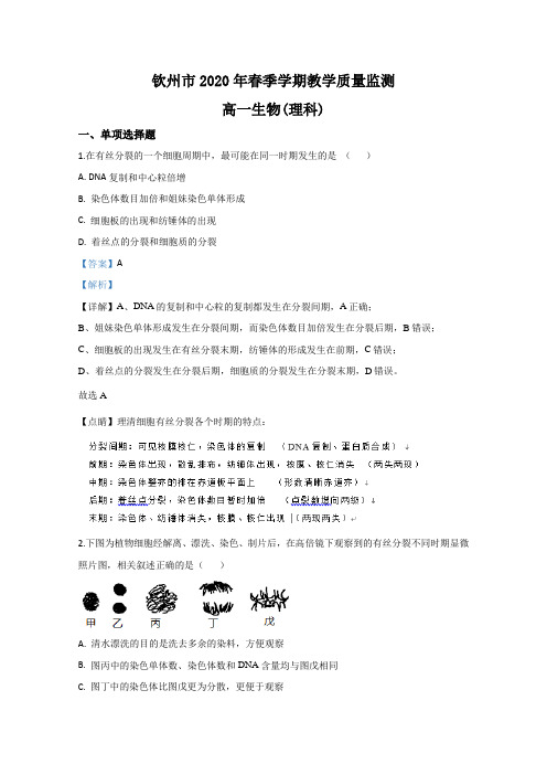 广西钦州市2019-2020学年高一下学期期末考试教学质量监测生物(理)试题 Word版含解析