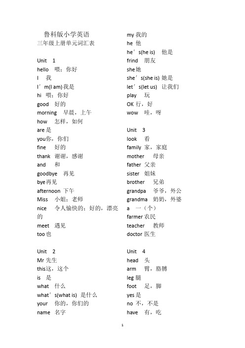 鲁科版小学英语三年级上下册词汇表