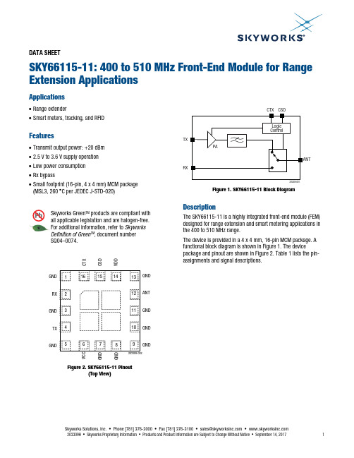 Skyworks Solutions SKY66115-11 400-510MHz 前端模块说明书