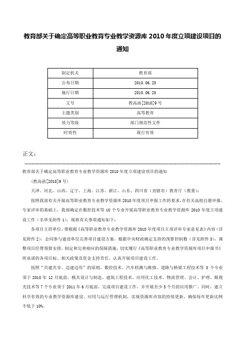 教育部关于确定高等职业教育专业教学资源库2010年度立项建设项目的通知-教高函[2010]9号