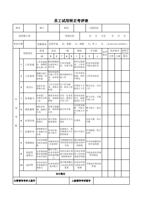 员工试用期转正考评表